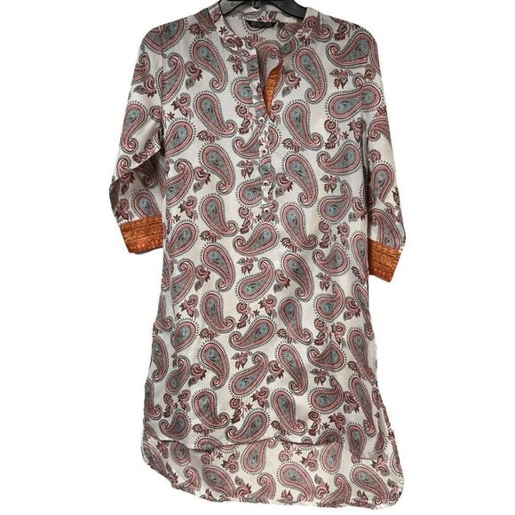STOP Kurta Multicolor Paisley Print Hi Lo Hem Unisex M Slits Buttons 3/4 Sleeves - Picture 1 of 9